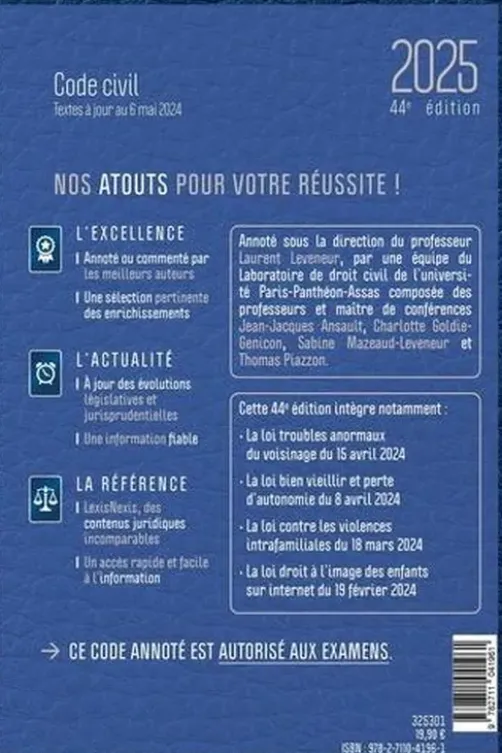 Code civil. Jaquette blue Leather, Edition 2025, Laurent Leveneur