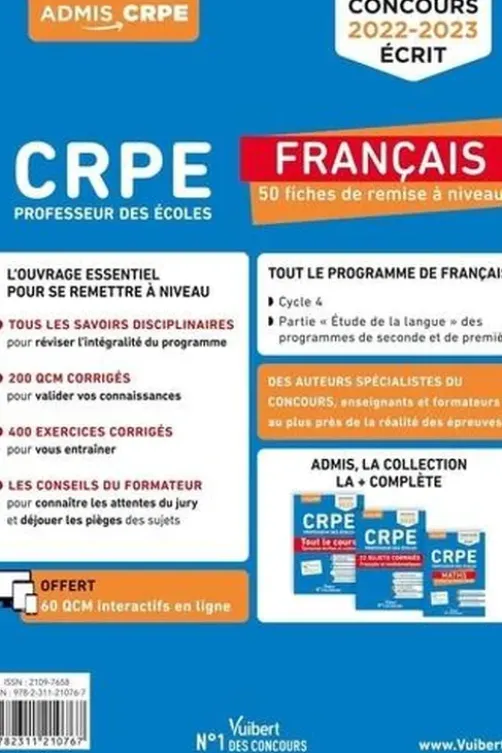 CRPE Professeur des écoles Français. 50 fiches de remise à niveau, Edition 2022-2023, Matthieu Verrier