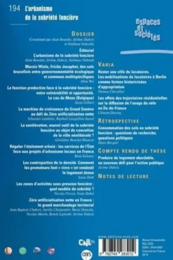 Espaces et sociétés N° 194, mai 2025 : L'urbanisme de la sobriété foncière, Alain Bourdin