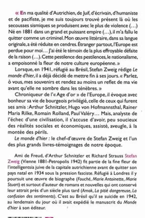 Le monde d'hier, Stefan Zweig