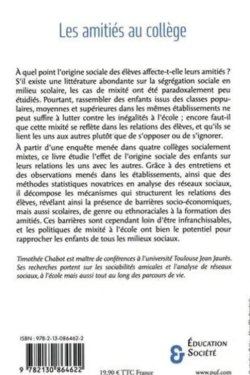 Les amitiés au collège. Mixité sociale et relations entre élèves, Timothée Chabot