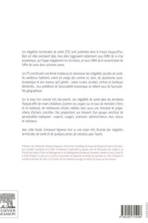 Les inégalités de santé dans les territoires français. Etat des lieux et voies de progrès, Emmanuel Vigneron