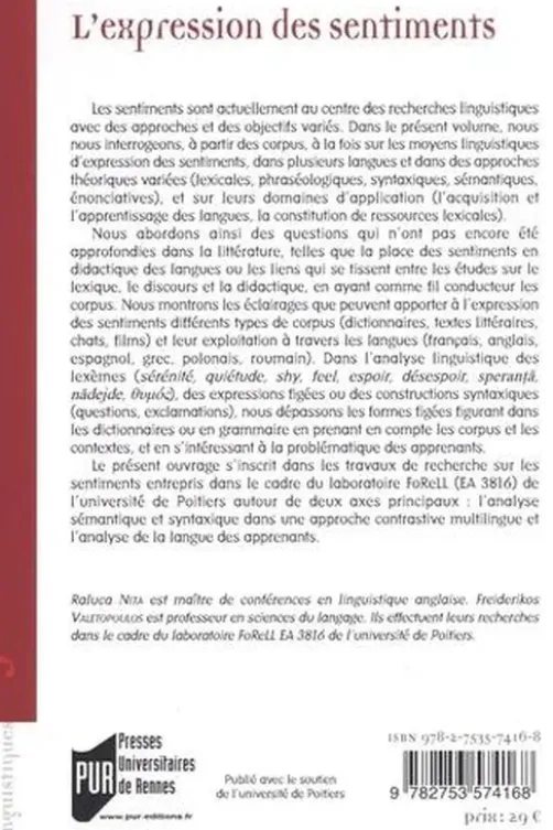L'expression des sentiments. De l'analyse linguistique aux applications, Raluca Nita