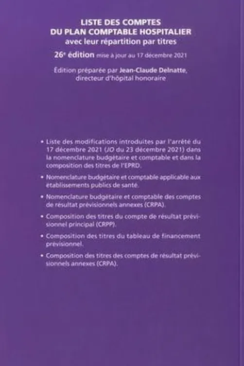 Liste des comptes du plan comptable hospitalier avec leur répartition par titres. Edition 2022, Jean-Claude Delnatte