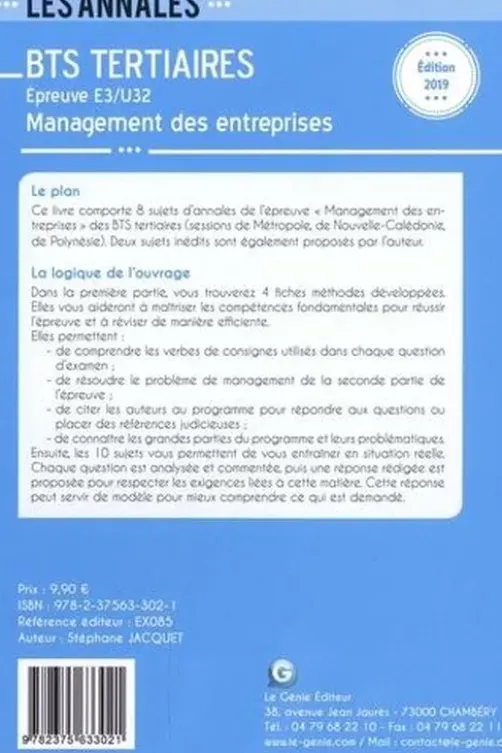 Management des entreprises Epreuve E3-U32 BTS Tertiaires. 8 sujets officiels et 2 sujets inédits et leurs corrigés, Edition 2019, Stéphane Jacquet