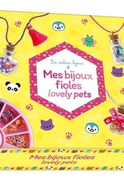 Mes bijoux fioles lovely pets. Coffret avec de petits animaux, une pince, des fioles, une chaîne microbilles, un ruban, un pompon et du fil coloré, Hachette