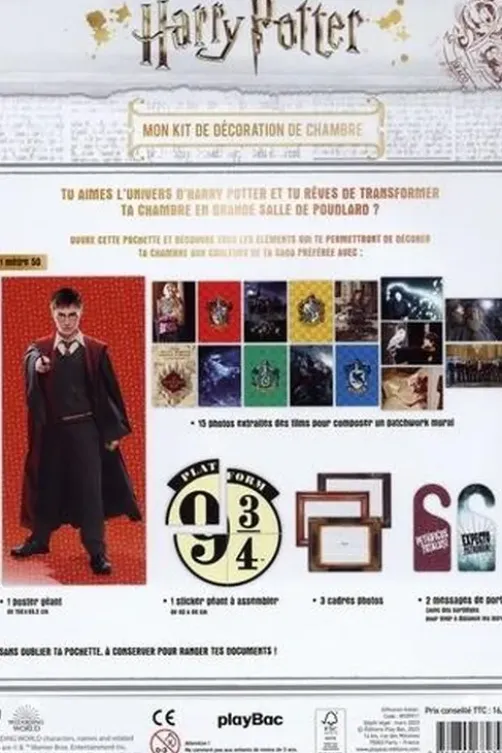 Mon kit de décoration de chambre Harry Potter. Avec 1 poster géant, 1 sticker géant à assembler, 3 cadres photo, 2 messages de porte et 15 photos, Wizarding World