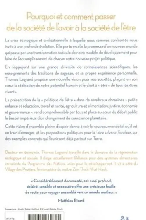 Politique de l'être. Sagesse et science pour construire le nouveau monde, Thomas Legrand