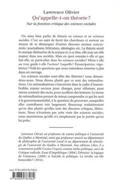 Qu'appelle-t-on théorie ? Sur la fonction critique des sciences sociales, Lawrence Olivier