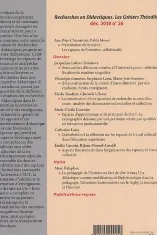 Recherches en Didactiques N° 26, décembre 2018 : La formation au regard des didactiques, Ana Dias-Chiaruttini