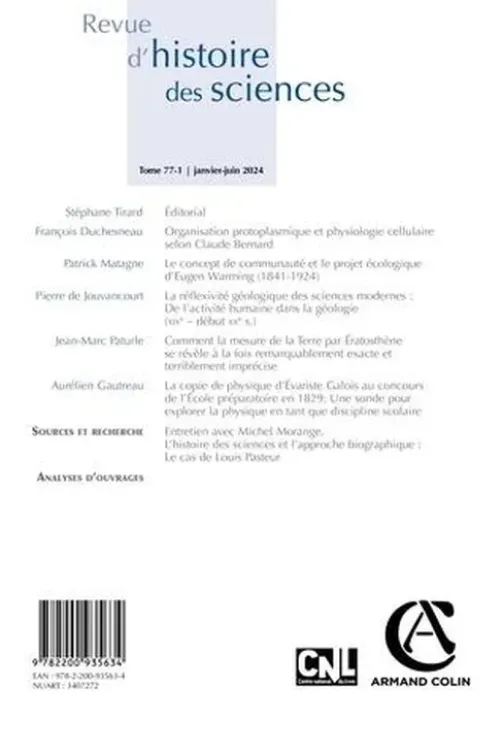 Revue d'histoire des sciences N° 77-1, janvier-juin 2024, Stéphane Tirard