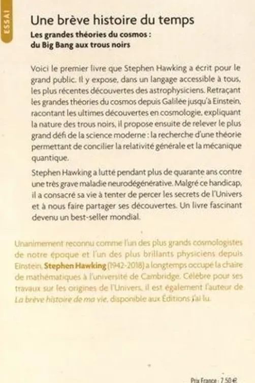 Une brève histoire du temps. Les grandes théories du cosmos : du big bang aux trous noirs, Stephen Hawking