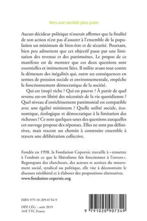 Vers une société plus juste. Manifeste pour un plafonnement des revenus et des patrimoines, Fondation Copernic